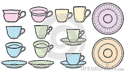 Multicolored coffee cups with saucers. Vector Illustration